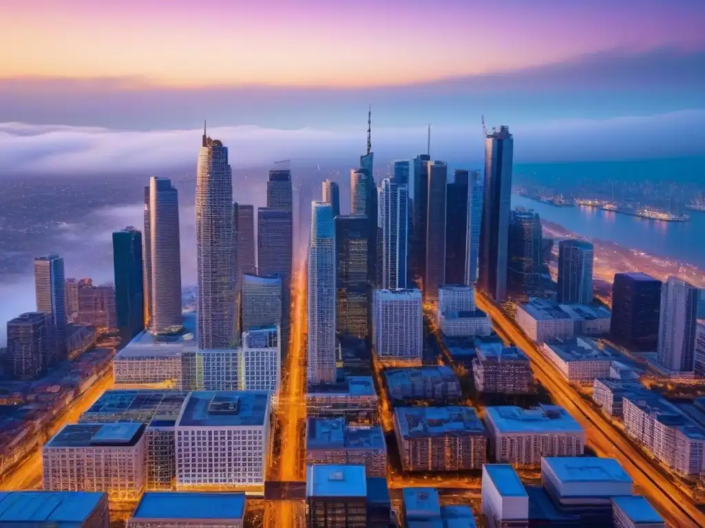 Horizonte urbano al atardecer: arquitectura moderna y luces brillantes Vista aérea impresionante de la ciudad al atardecer, con rascacielos modernos y luces brillantes