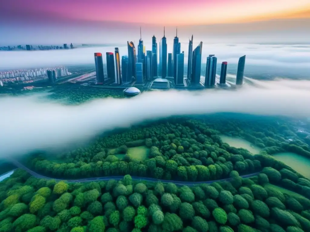 Metrópolis futurista: equilibrio entre modernidad y naturaleza Vista aérea impresionante de una ciudad futurista con rascacielos y espacios verdes, destacando la armonía entre infraestructura moderna y naturaleza