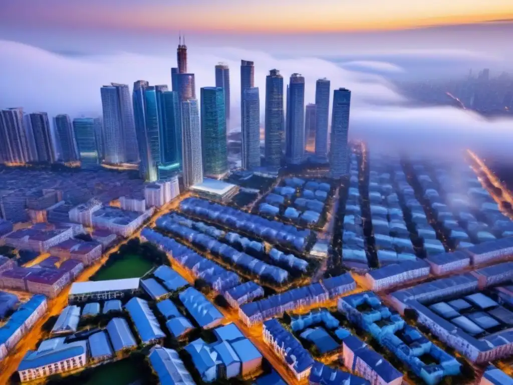 Vista aérea impresionante de una ciudad diversa con arquitectura moderna y tradicional Vista aérea impresionante de una ciudad activa con arquitectura diversa, mezclando rascacielos modernos y viviendas tradicionales