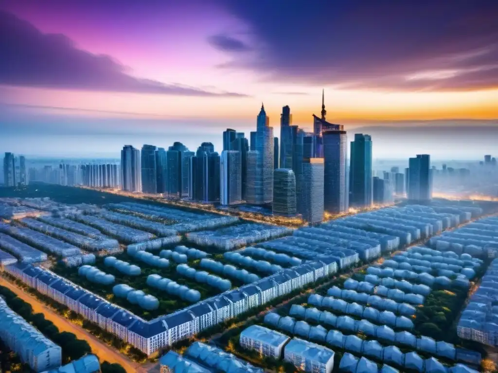 Vibrante mercado inmobiliario internacional: ciudad moderna en auge Vista aérea impresionante de ciudad con rascacielos modernos, simbolizando desarrollo propiedades multifamiliares internacional