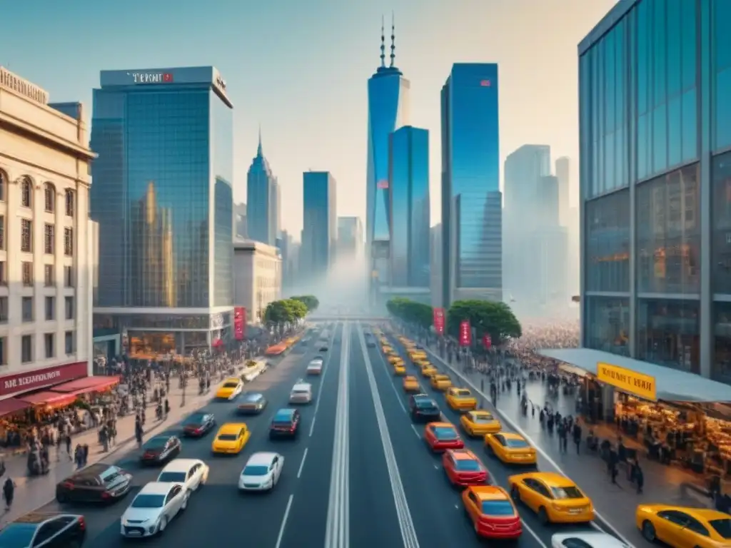 Metrópolis cosmopolita: impacto de programas innovadores en bienes raíces Vista aérea impresionante de ciudad internacional con rascacielos y calles vibrantes