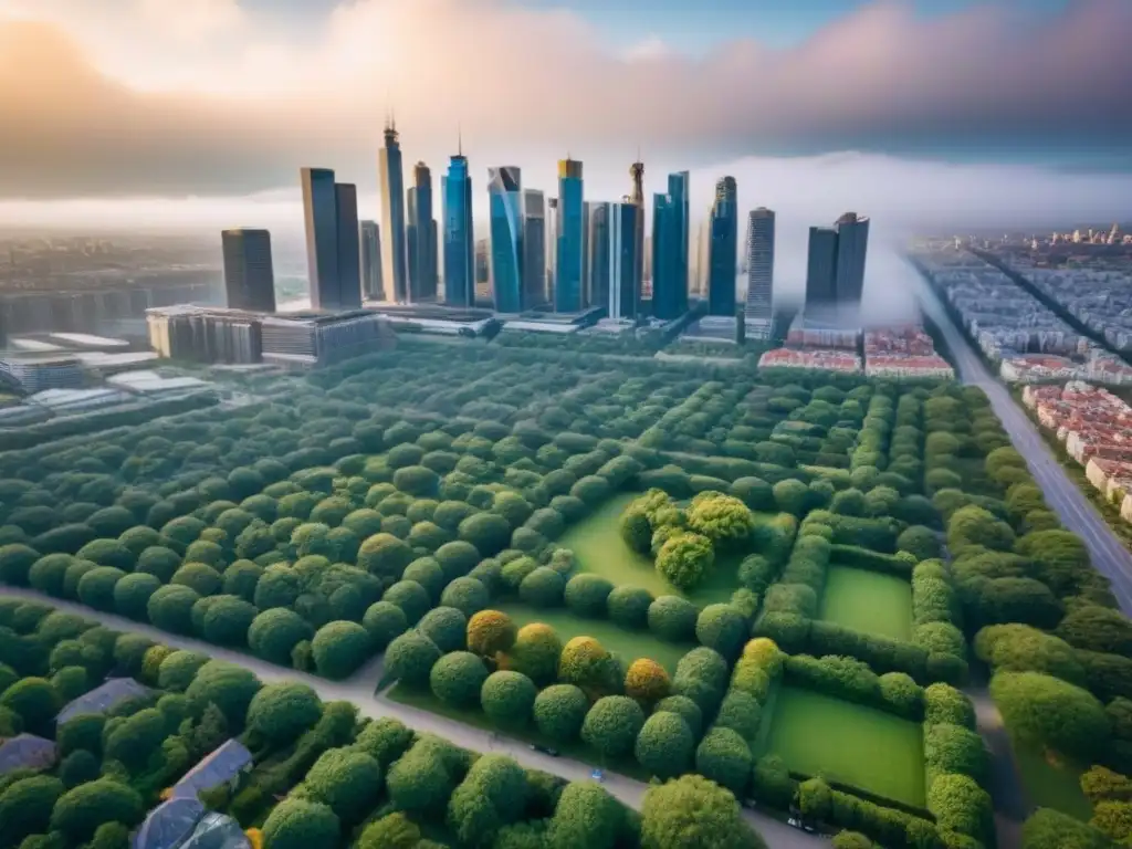 Cityscape: fusión moderna y histórica en mercado de inversión inmobiliaria Vista aérea impresionante de una ciudad diversa con edificios modernos y arquitectura histórica, parques verdes