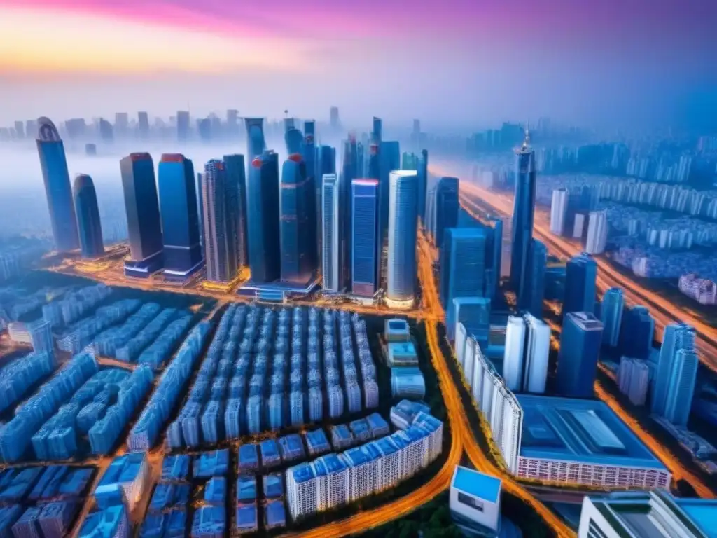 Vista aérea impactante de ciudad moderna y tradicional Vista aérea impresionante de una ciudad bulliciosa con rascacielos modernos y arquitectura tradicional
