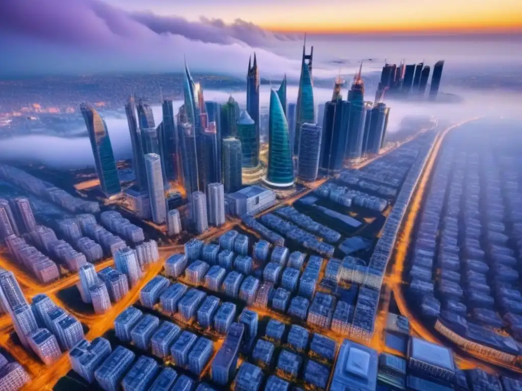 Innovación en Bienes Raíces: Paisaje Urbano Futurista Vista aérea impresionante de una ciudad con propiedades inmobiliarias no convencionales