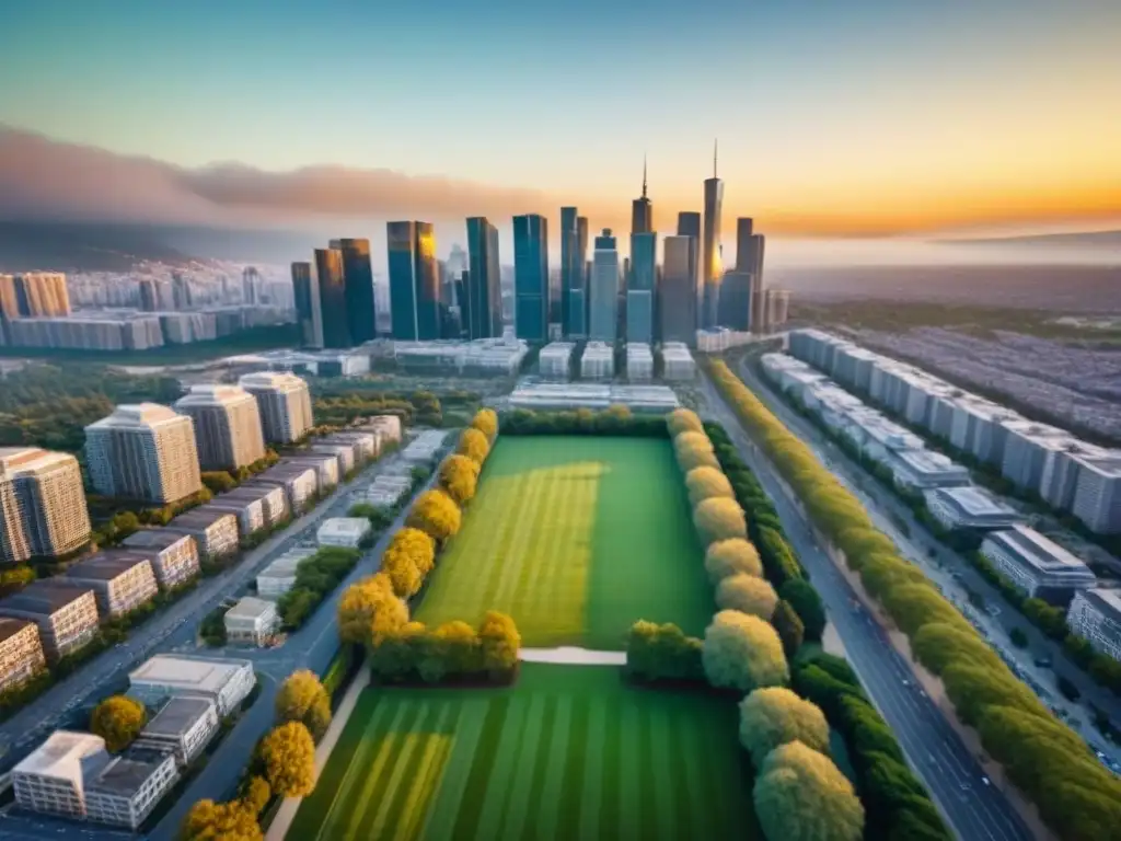 Panorámica dorada: ciudad moderna entre montañas Vista aérea impresionante de una ciudad en crecimiento inmobiliario rodeada de montañas, parques y calles bulliciosas al atardecer, reflejando zonas de alto crecimiento inmobiliario