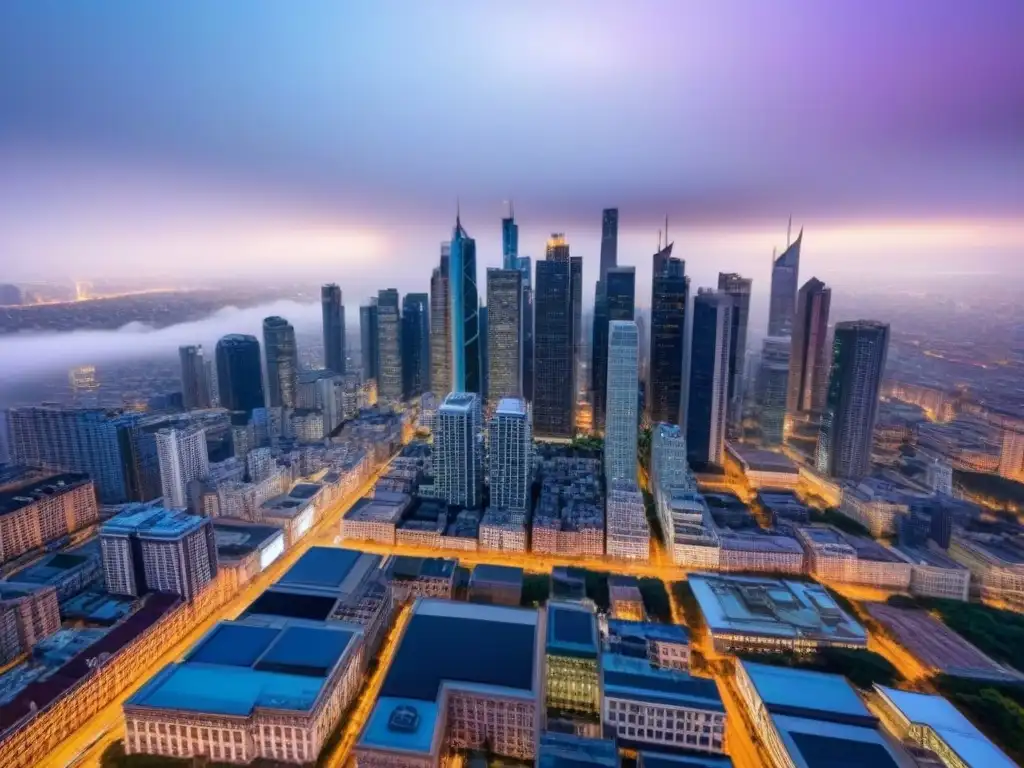 Horizonte urbano al atardecer: fusión de modernidad y tradición Vista aérea impresionante de una ciudad al anochecer, mezclando rascacielos futuristas con edificios históricos iluminados por luces cálidas