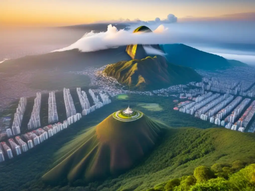 Vibrante ciudad latinoamericana: tradición y modernidad Vista aérea impresionante de una ciudad en América Latina, fusionando arquitectura histórica con rascacielos modernos y exuberante vegetación