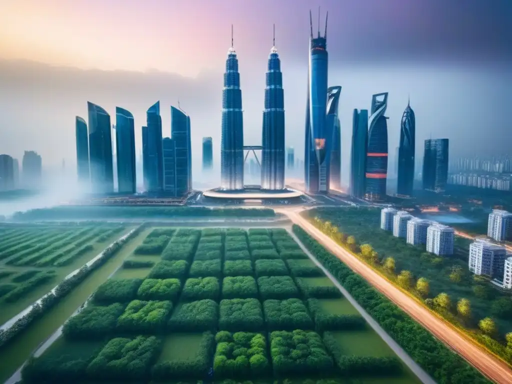 Metrópolis futurista: innovación y sostenibilidad en la arquitectura urbana Vista aérea impresionante de una ciudad futurista con rascacielos innovadores y espacios verdes sostenibles integrados