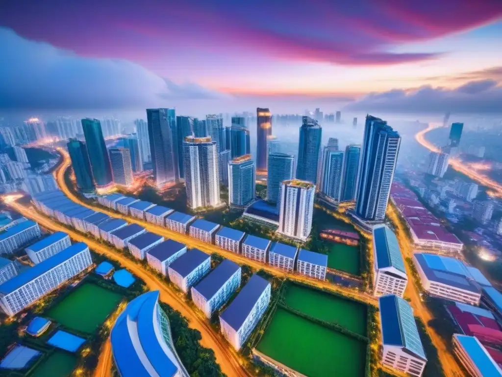 Vista aérea impresionante de la ciudad de Asia: tradición y modernidad Vista aérea impresionante de una ciudad bulliciosa en el sudeste asiático, fusionando arquitectura tradicional y rascacielos modernos