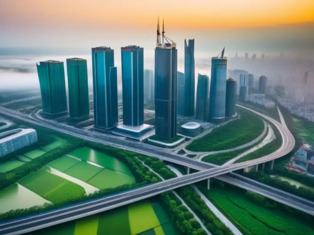 Desarrollo urbano sostenible: armonía entre ciudad y naturaleza Vista aérea impresionante de una ciudad moderna y sostenible