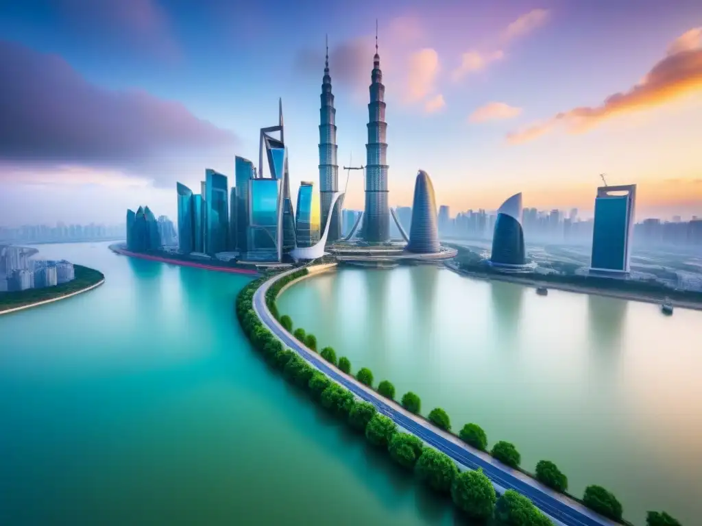 Horizonte urbano futurista: inversión global en la Ruta de la Seda Vista aérea impresionante de una ciudad bulliciosa con rascacielos futuristas a lo largo de un río, simbolizando oportunidades de inversión inmobiliaria global en la Franja y la Ruta