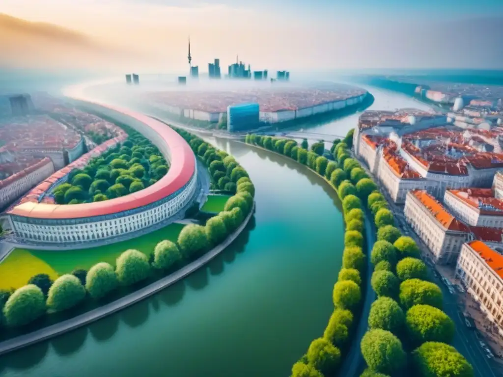Horizonte urbano vibrante en Europa del Este: fusión histórica y moderna Vista aérea impresionante de una ciudad vibrante en Europa del Este, fusionando arquitectura histórica y rascacielos modernos