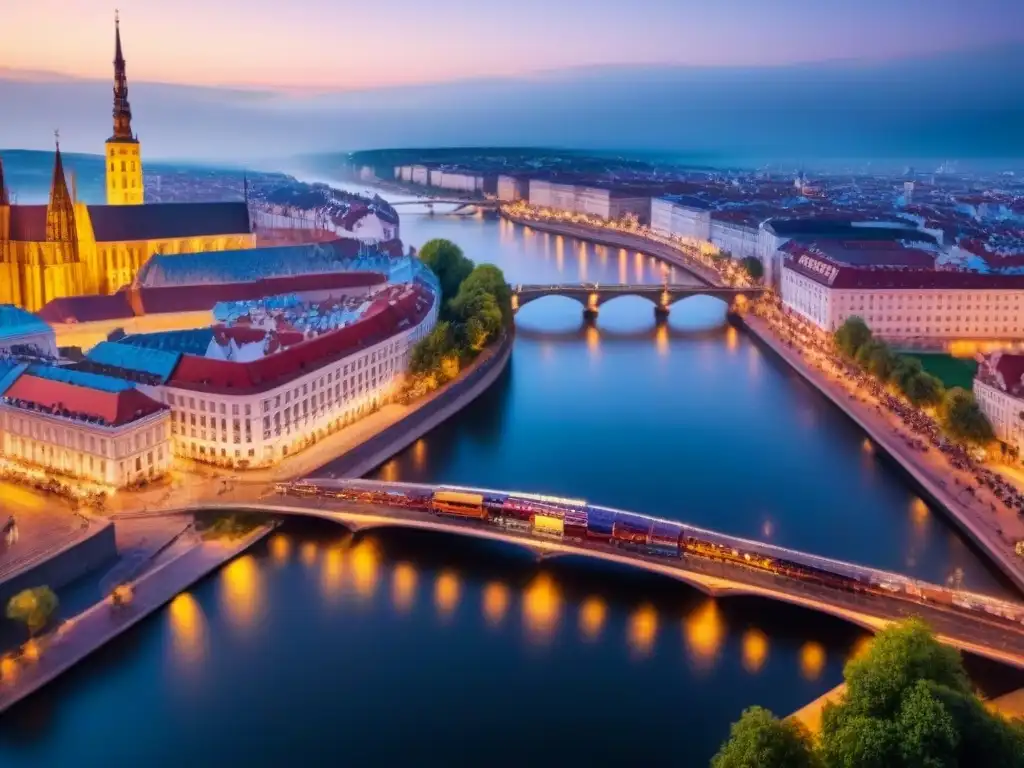 Vibrante ciudad europea: arquitectura histórica y moderna Vista aérea impresionante de una ciudad en Europa del Este, con arquitectura histórica y rascacielos modernos