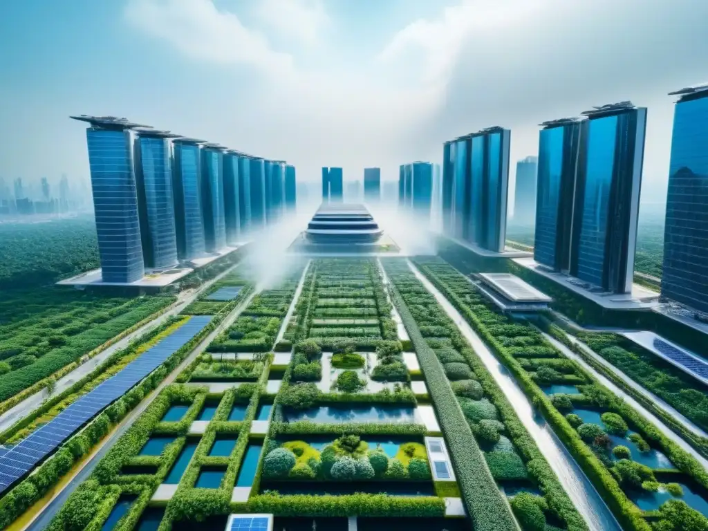 Metrópolis futurista: innovación, sostenibilidad y modernidad Vista aérea impresionante de una ciudad futurista con rascacielos innovadores y sostenibles