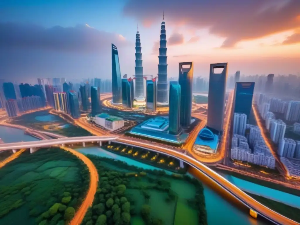 Cityscape vibrante en la Ruta de la Seda: tradición y modernidad Vista aérea impresionante de ciudad en la Iniciativa del Cinturón y Ruta, fusionando arquitectura tradicional y rascacielos modernos