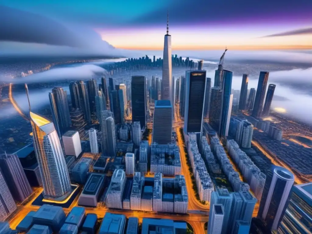 Metrópolis futurista: innovación en inversiones inmobiliarias Vista aérea impresionante de una ciudad futurista con rascacielos de vanguardia e innovadores sistemas de transporte integrados, simbolizando inversiones inmobiliarias internacionales avanzadas