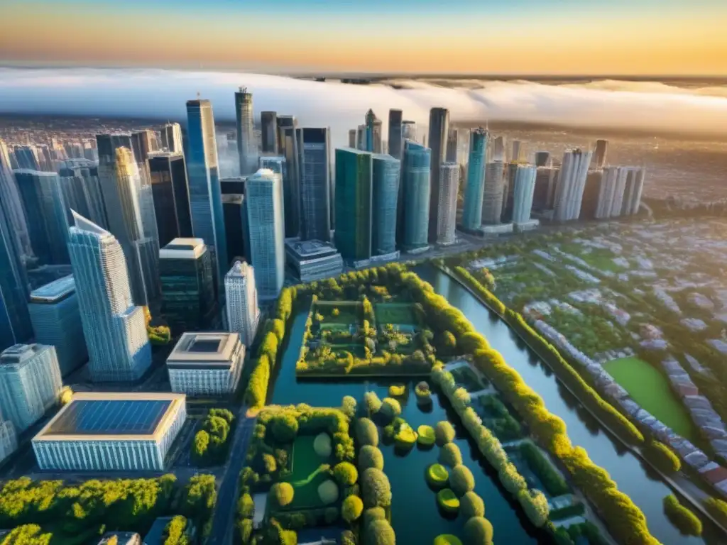 Inversión inmobiliaria global: ciudad dinámica en contraste Vista aérea impresionante de una ciudad diversa con rascacielos modernos, edificios históricos y espacios verdes