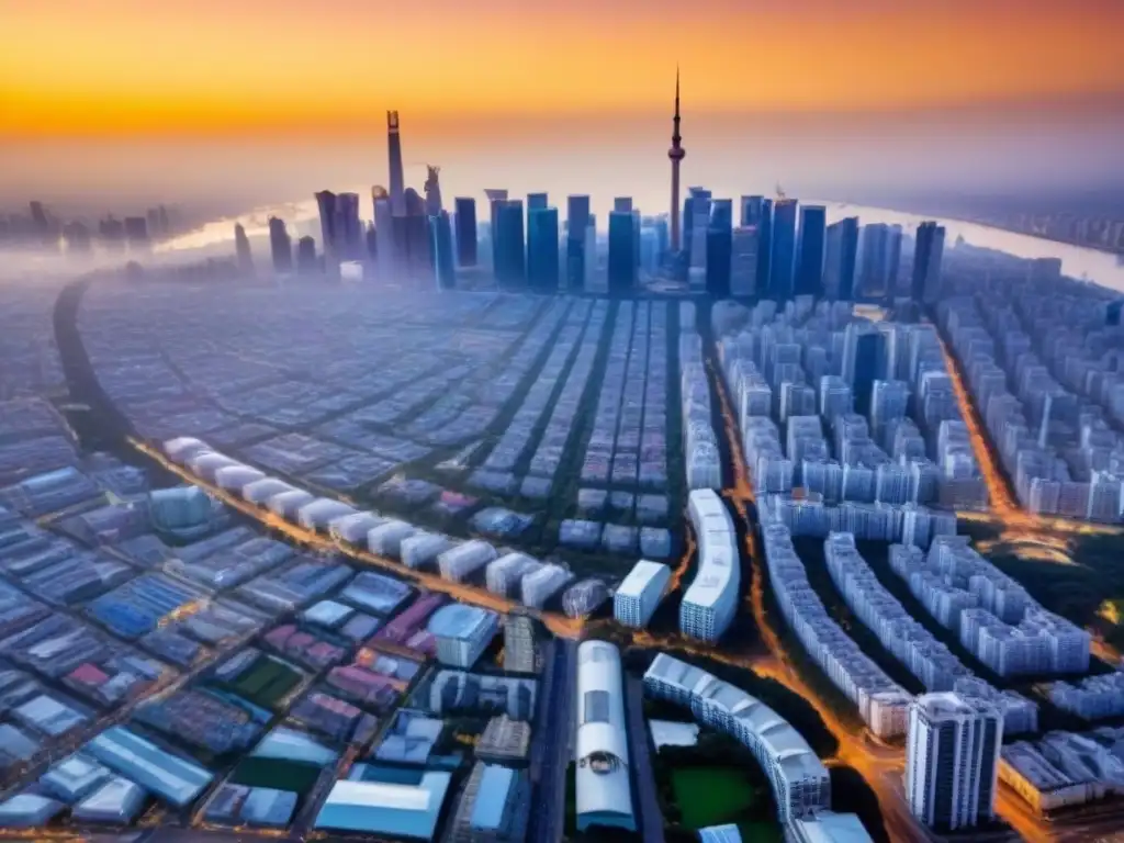 Cityscape vibrante: mercado emergente en crecimiento Vista aérea impresionante de una ciudad en crecimiento, con arquitectura tradicional y rascacielos modernos bajo un atardecer dorado