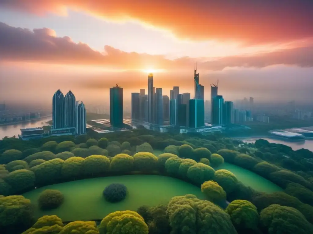 Inversión estratégica en skyline urbano al atardecer Una vista aérea impresionante de una ciudad bulliciosa con rascacielos destacando contra un vibrante atardecer