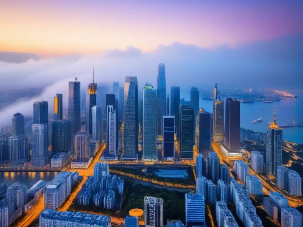 Horizonte urbano impresionante: oportunidades de inversión global Vista aérea impresionante de una ciudad con rascacielos modernos, ideal para invertir en mercado inmobiliario internacional