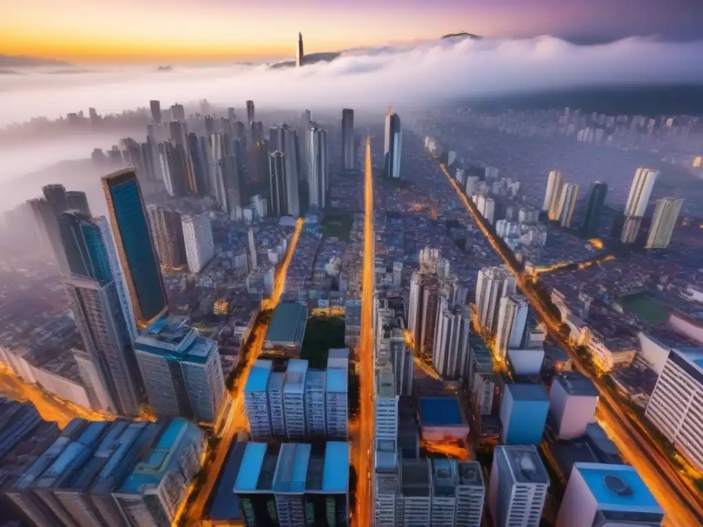 Vista aérea impresionante de una ciudad moderna en Latinoamérica Vista aérea impresionante de una ciudad bulliciosa en América Latina, con rascacielos, calles llenas de gente y una arquitectura contemporánea