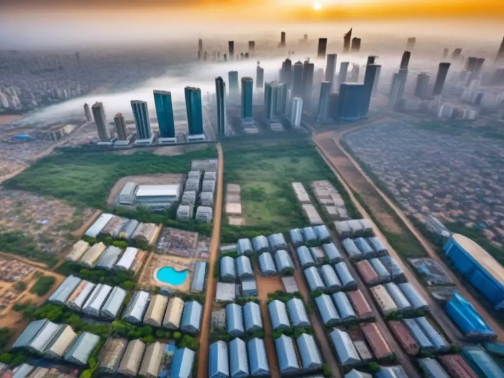 Vista aérea impresionante de una ciudad en África Subsahariana, fusionando rascacielos modernos con arquitectura tradicional