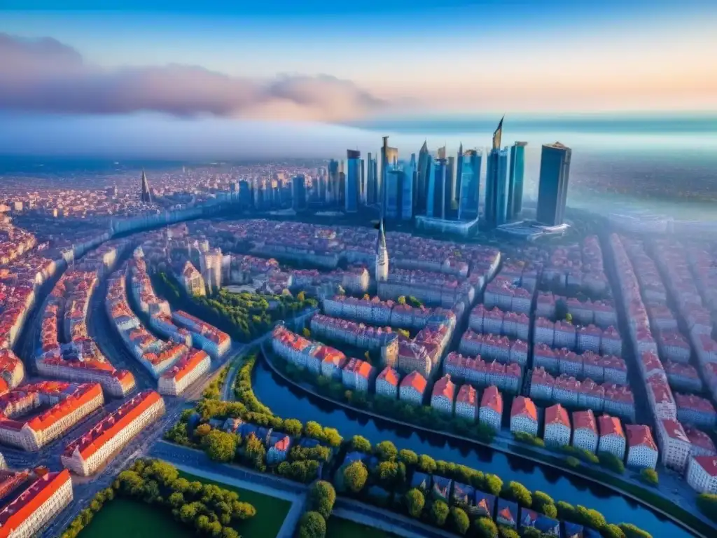 Horizonte urbano en Europa del Este: historia y modernidad bajo el sol Vista aérea impresionante de una ciudad en Europa del Este, fusionando encanto antiguo y desarrollo moderno