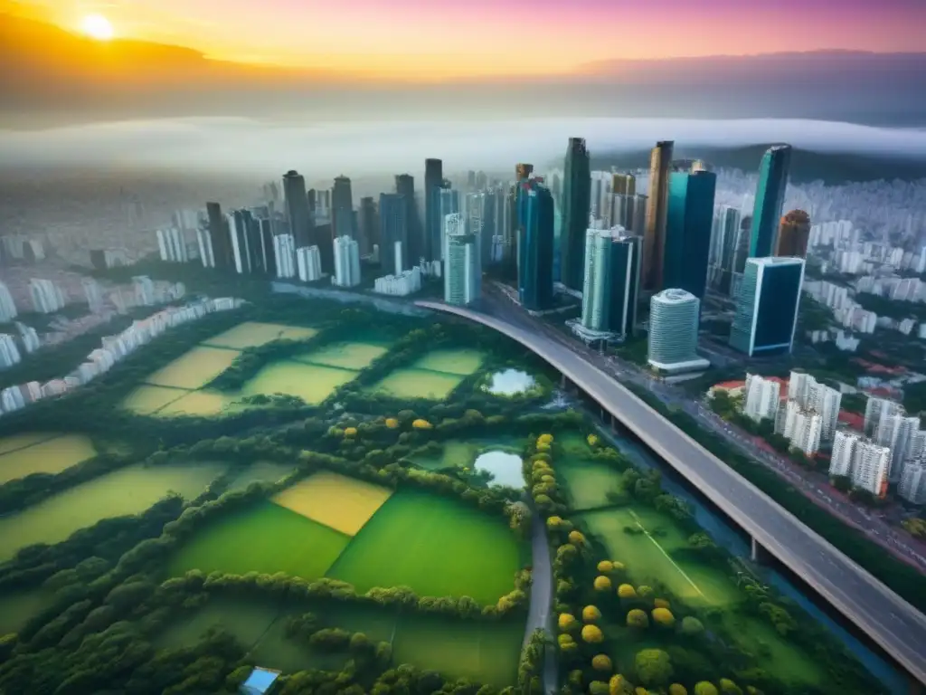 Inversiones vibrantes: Ciudad moderna de América Latina Vista aérea impresionante de una ciudad latinoamericana con modernos rascacielos, calles vibrantes y parques verdes, destacando beneficios fiscales para invertir en mercado inmobiliario