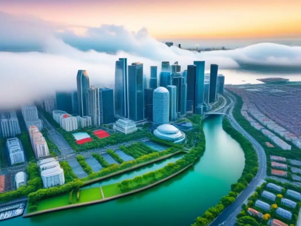 City, diversidad arquitectónica: modernidad y historia Una vista aérea impresionante de una ciudad diversa con rascacielos modernos, edificios históricos, parques verdes y un animado paseo marítimo, destacando los beneficios de la diversificación geográfica en el mercado inmobiliario