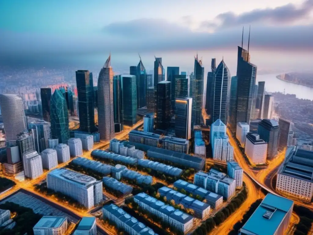 Horizonte urbano: modernidad y vitalidad inmobiliaria Una vista aérea impresionante de una ciudad bulliciosa con rascacielos modernos y calles transitadas