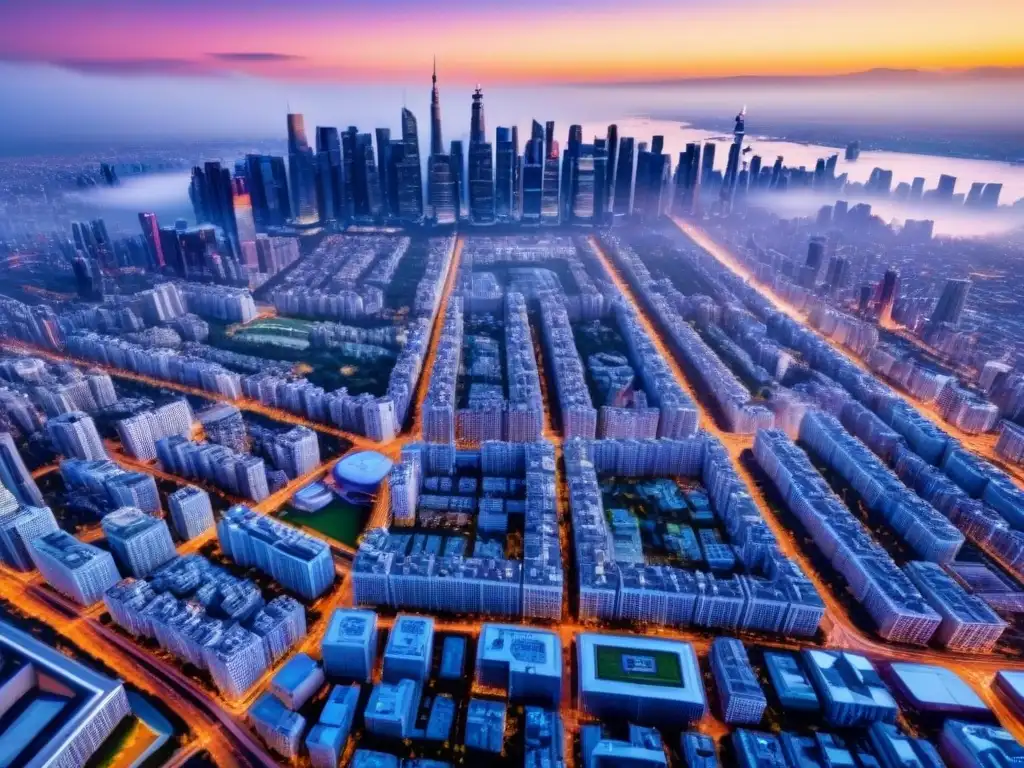 Metrópolis futurista: paisaje urbano 8k con tecnología 5G integrada Vista aérea impresionante de ciudad futurista con desarrollo inmobiliario global y 5G