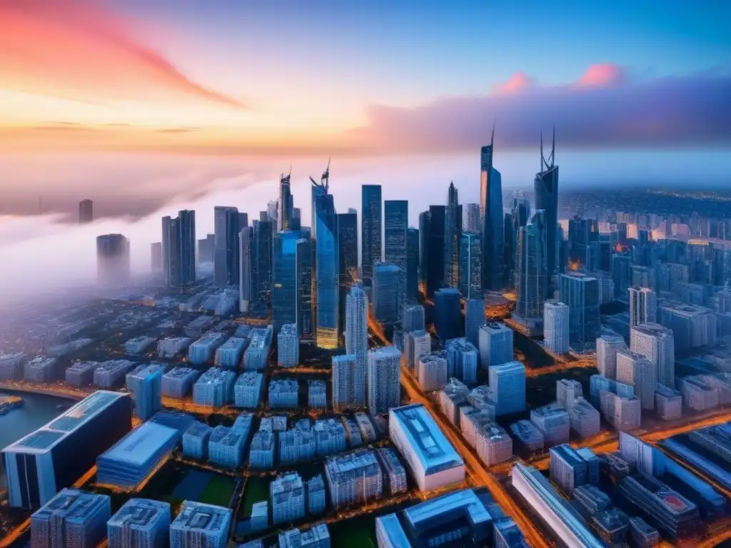Vibrante mercado inmobiliario en ciudad madura Vista aérea impresionante de una ciudad bulliciosa con rascacielos y edificios modernos, reflejando estrategias inversión inmobiliaria mercado maduro