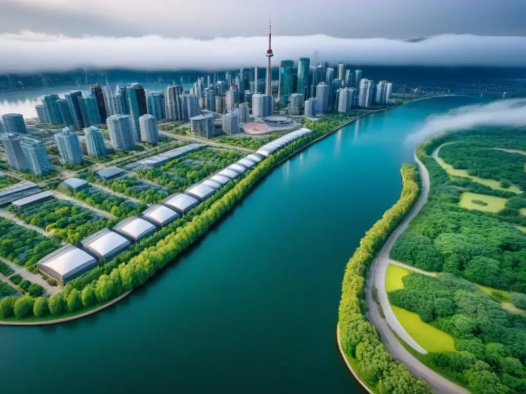 Espectacular panorama urbano de una ciudad moderna en Canadá Vista aérea impresionante de una ciudad moderna en Canadá, con rascacielos, calles bulliciosas y parques vibrantes