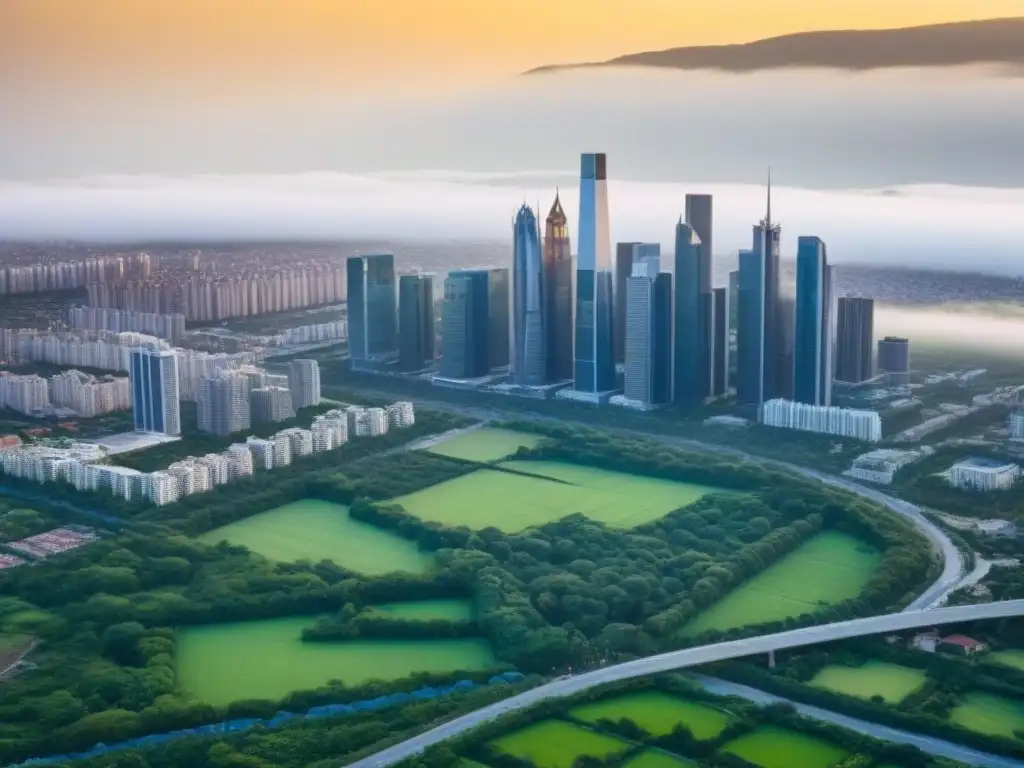 Metrópolis global: rascacielos y parques verdes Vista aérea impresionante de una ciudad diversa con rascacielos, arquitectura moderna y parques verdes, simbolizando inversiones inmobiliarias internacionales y derechos de propiedad