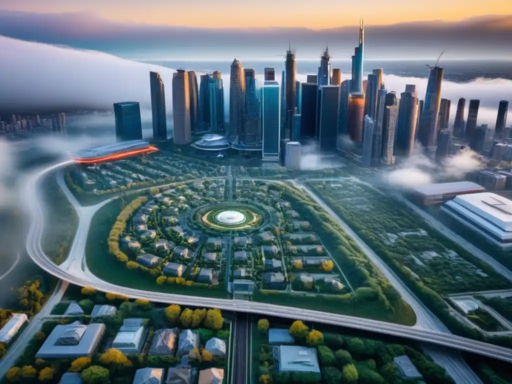 Innovación urbana en América del Norte: ciudad futurista Vista aérea impresionante de una ciudad futurista en Norteamérica con innovadoras inversiones inmobiliarias