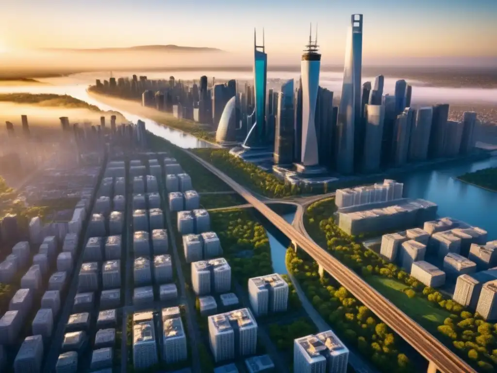 Vista aérea impresionante de una ciudad futurista en Norteamérica, con rascacielos, calles llenas de vehículos autónomos y espacios verdes integrados