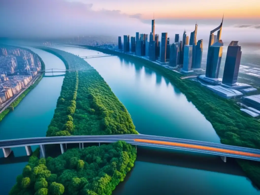 Metrópolis futurista en la frontera: innovación urbana y naturaleza Vista aérea impresionante de una ciudad futurista en la frontera con innovadores desarrollos inmobiliarios y paisajes urbanos
