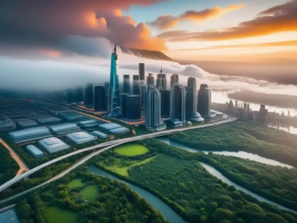 Metrópolis futurista en América del Norte: oportunidades postCOVID Vista aérea impresionante de una ciudad futurista en Norteamérica, reflejando potencial en inversiones inmobiliarias postCOVID