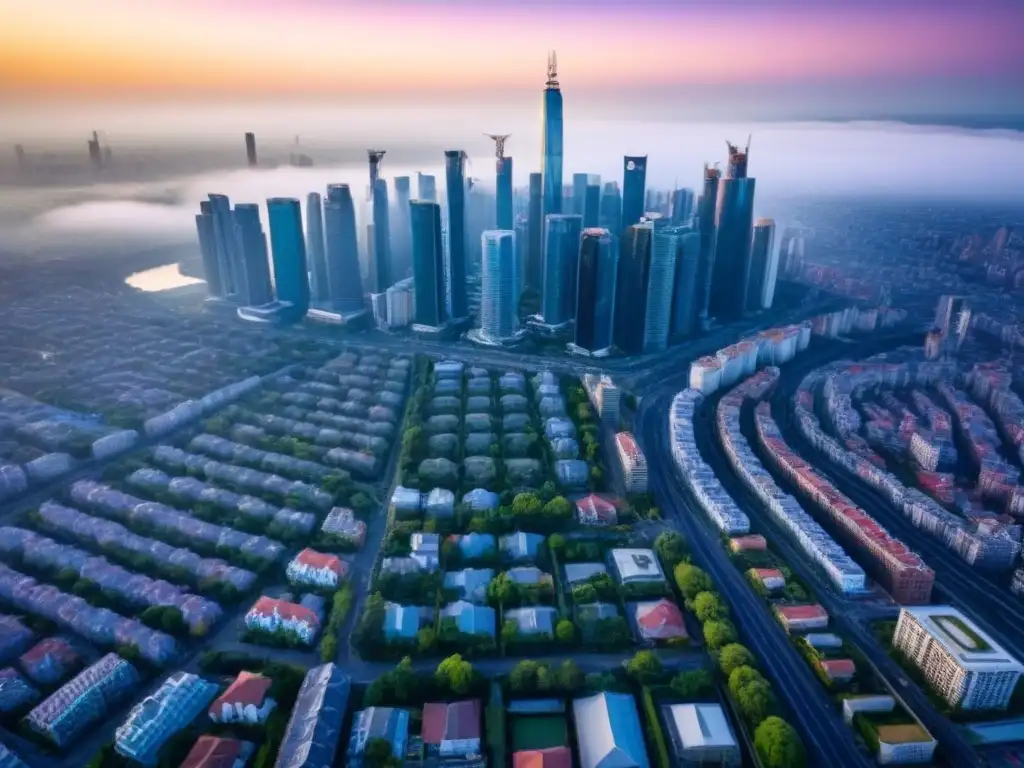 Vista aérea impresionante de ciudad en crecimiento inmobiliario Vista aérea impresionante de una ciudad dinámica con rascacielos modernos y edificios residenciales, reflejando el crecimiento del mercado inmobiliario urbano