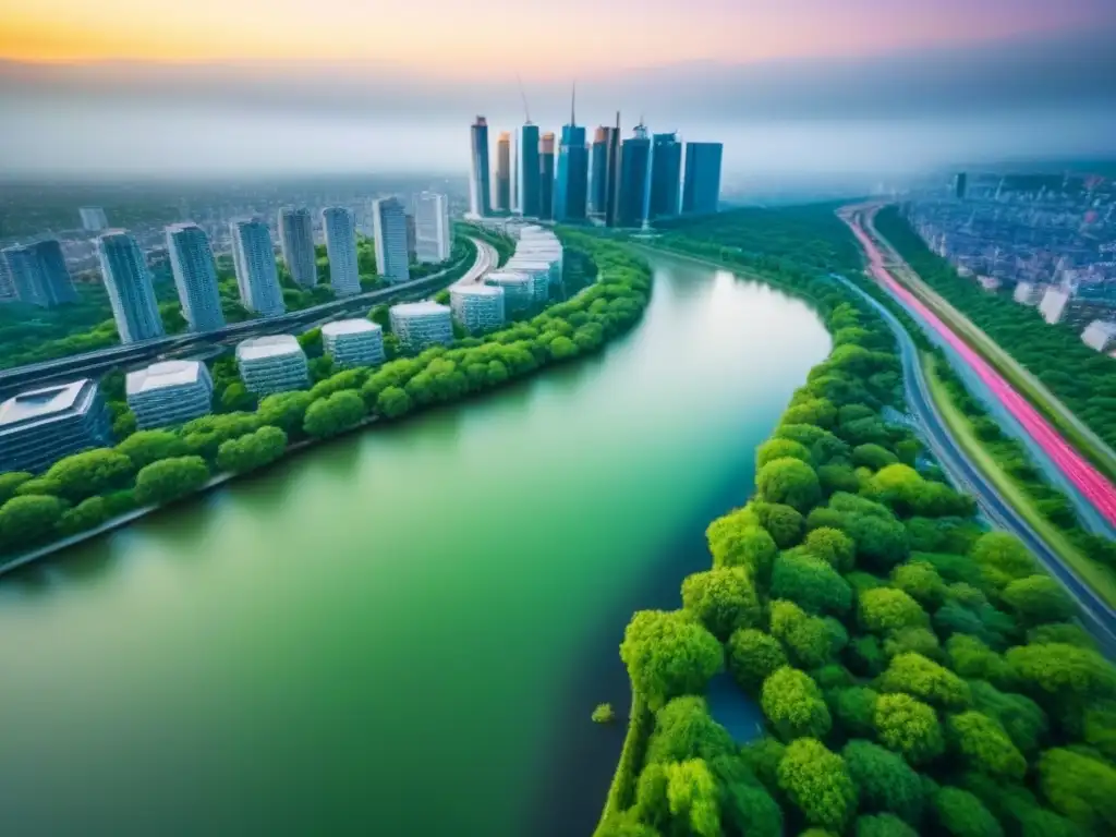 Metrópolis moderna: vista aérea de energía vibrante en la ciudad Vista aérea impresionante de una ciudad metropolitana vibrante con rascacielos modernos y parques verdes