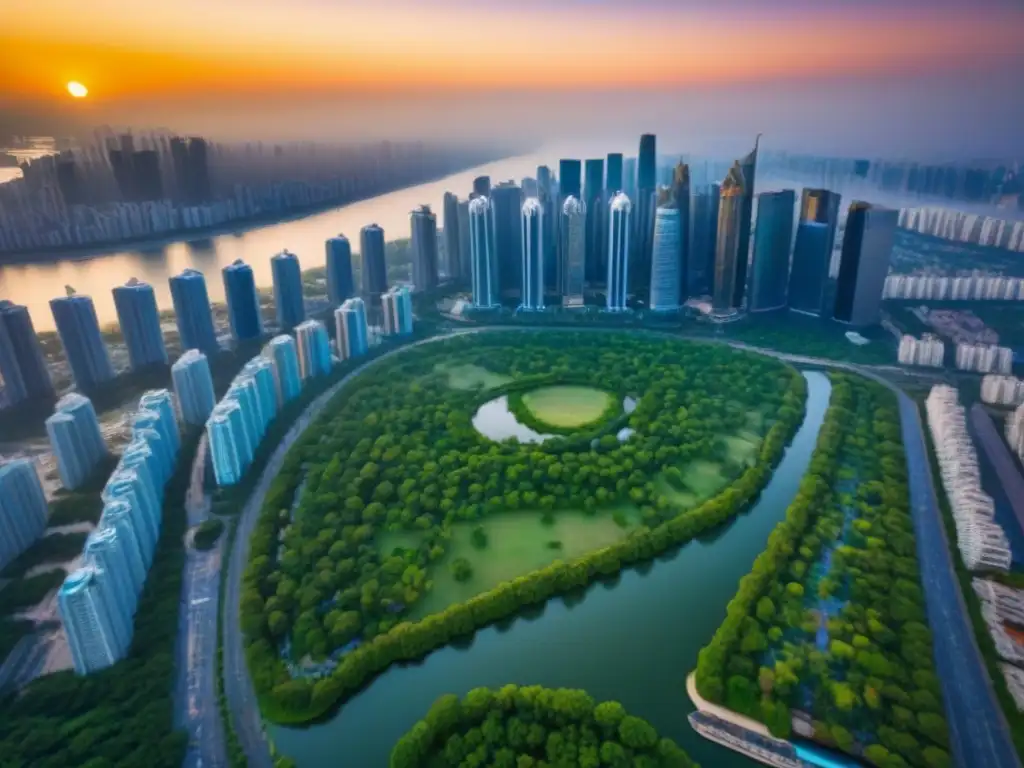 Esplendor urbano: atardecer en la ciudad de rascacielos de lujo Vista aérea impresionante de una ciudad llena de rascacielos modernos y lujosos
