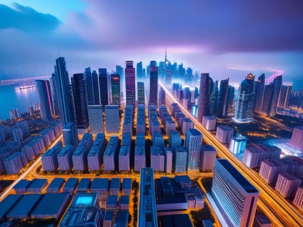 Metrópolis futurista: luces neón y arquitectura vanguardista Vista aérea impresionante de una ciudad futurista con rascacielos vanguardistas iluminados por luces de neón
