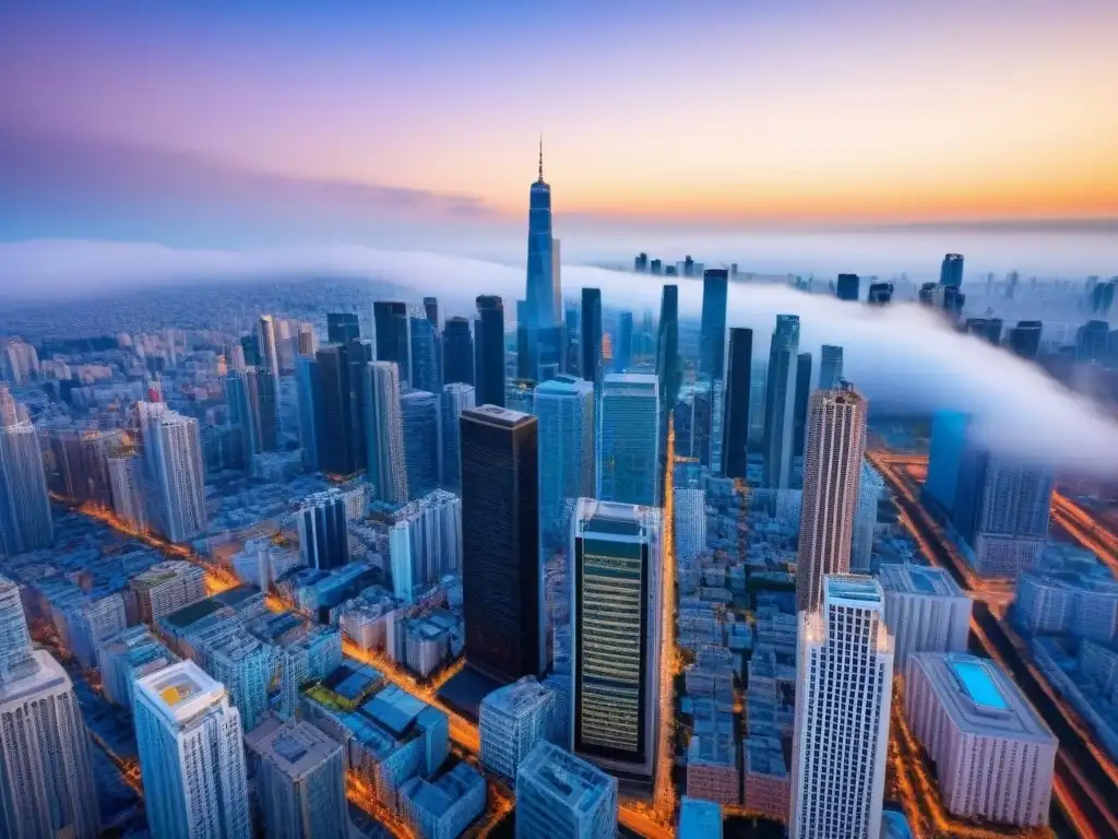 Resiliencia urbana: cielos azules sobre rascacielos posCOVID Vista aérea impresionante de una ciudad con rascacielos modernos, reflejando la inversión inmobiliaria post COVID internacional