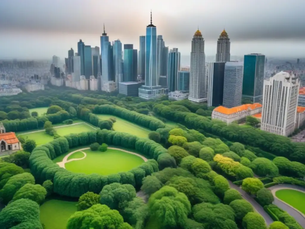 Vibrante diversidad urbana: oportunidades de inversión Vista aérea impresionante de una ciudad diversa con rascacielos modernos y edificios históricos, parques verdes y calles bulliciosas