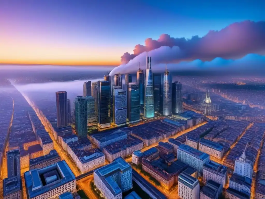 Espectacular panorámica urbana al atardecer: luces y arquitectura Vista aérea impresionante de una ciudad internacional vibrante al atardecer, reflejando la importancia de expertos legales en disputas internacionales