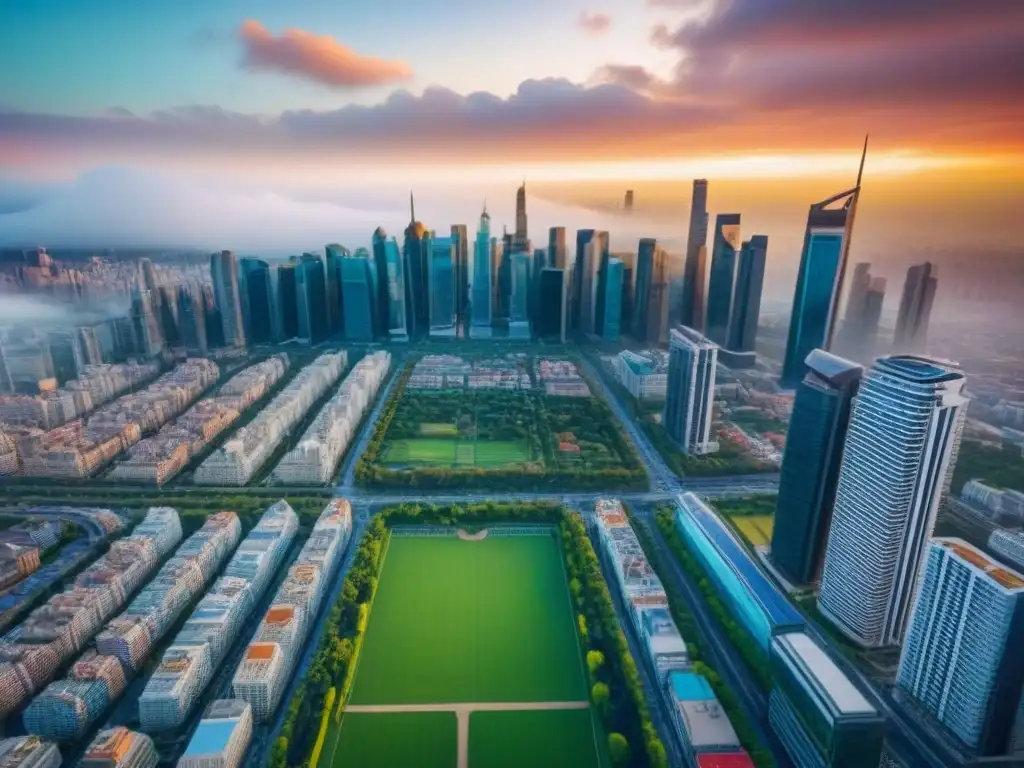 Metrópolis educativa: fusión global en la arquitectura urbana Vista aérea impresionante de una ciudad bulliciosa con rascacielos modernos y lugares emblemáticos, mostrando la integración dinámica del turismo educativo y el mercado inmobiliario internacional