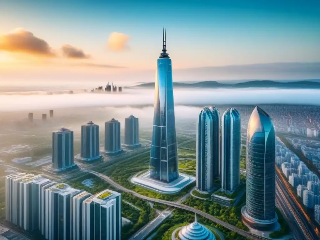 Metrópolis futurista postCOVID: innovación inmobiliaria global Vista aérea impresionante de ciudad futurista con rascacielos, espacios verdes y sistemas de transporte eficientes, simbolizando un enfoque resiliente e innovador para portafolios inmobiliarios internacionales postCOVID