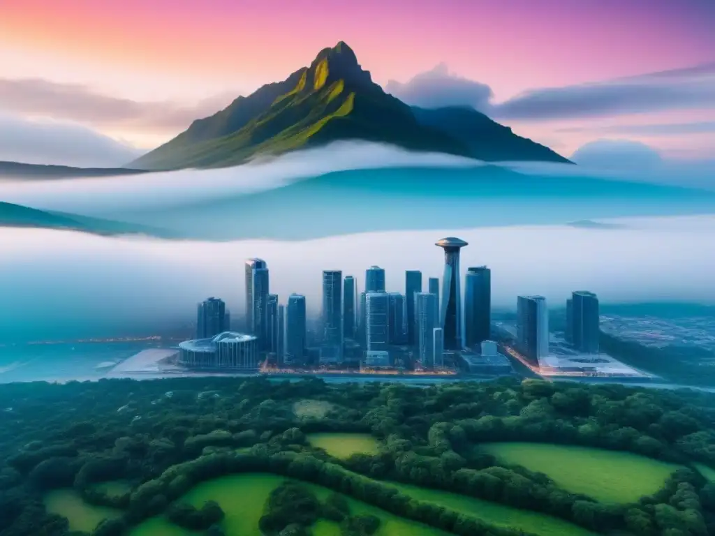 Metrópolis futurista: armonía entre naturaleza y arquitectura Vista aérea impresionante de una ciudad futurista con rascacielos, calles concurridas y espacios verdes integrados, en un mundo postCOVID