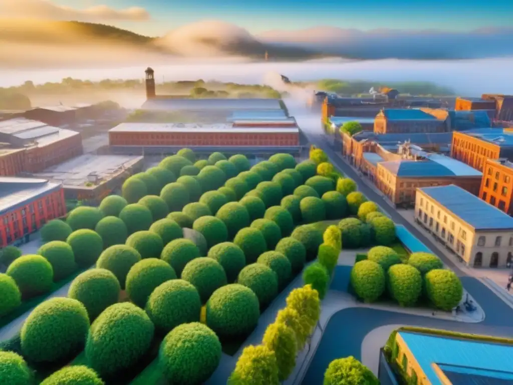Transformación urbana: ciudad postindustrial revitalizada Vista aérea impresionante de una ciudad postindustrial revitalizada, con arquitectura histórica integrada con diseño urbano sostenible