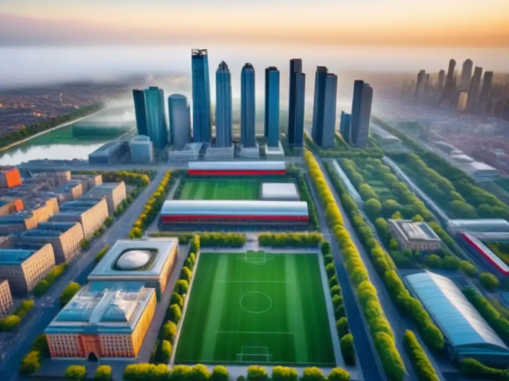 Renovación urbana: skyline moderno en ciudad postindustrial Vista aérea impresionante de una ciudad postindustrial revitalizada, símbolo de inversión inmobiliaria en ciudades postindustriales